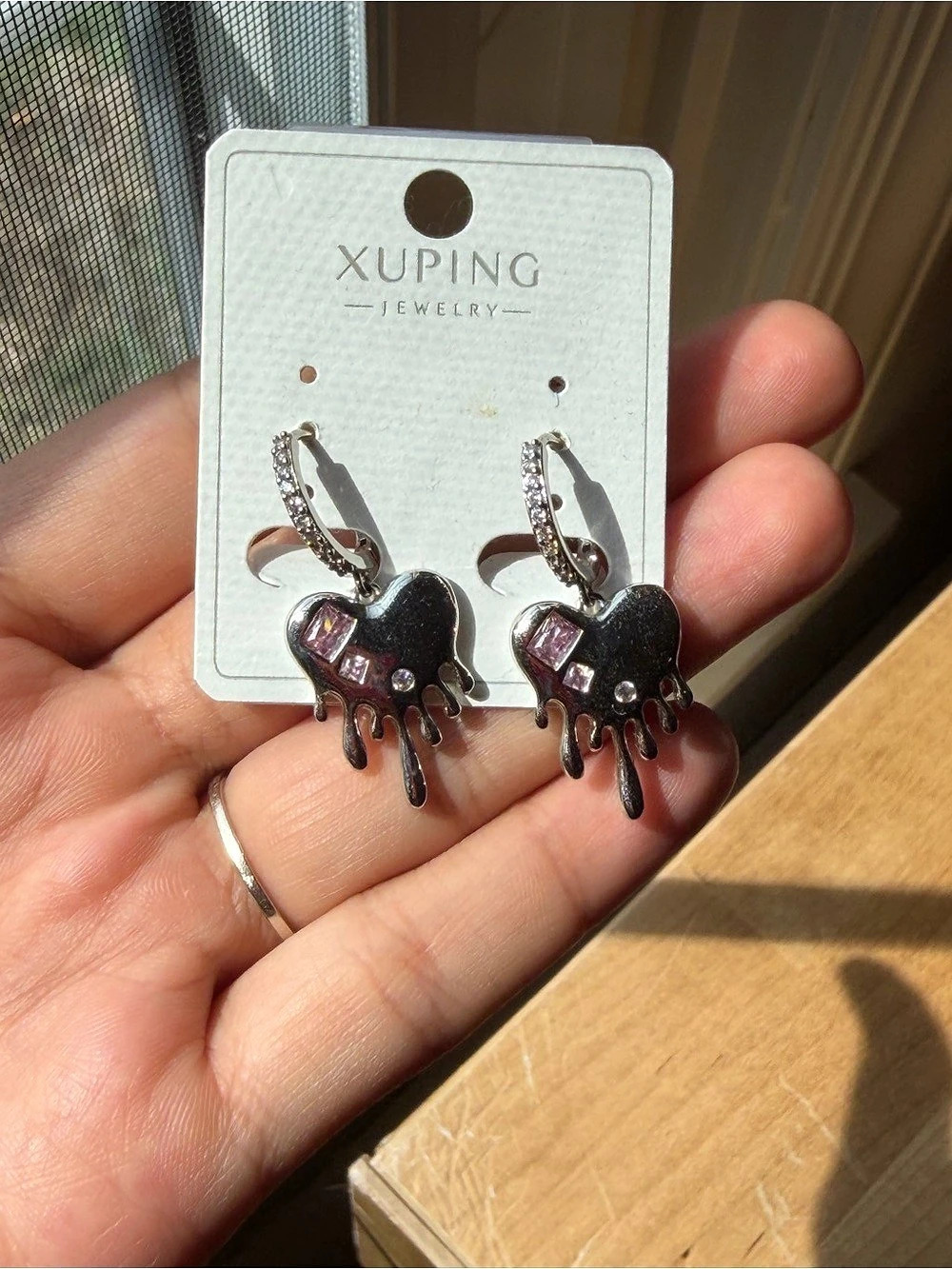 Silver Heart Drip Crystal Hoop Earrings